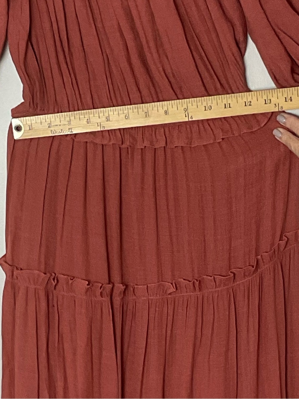 Flawless Rust Tiered Maxi Dress Tiered Puff Sleeves Granola Earthy Boho Hippie S - Picture 3 of 8